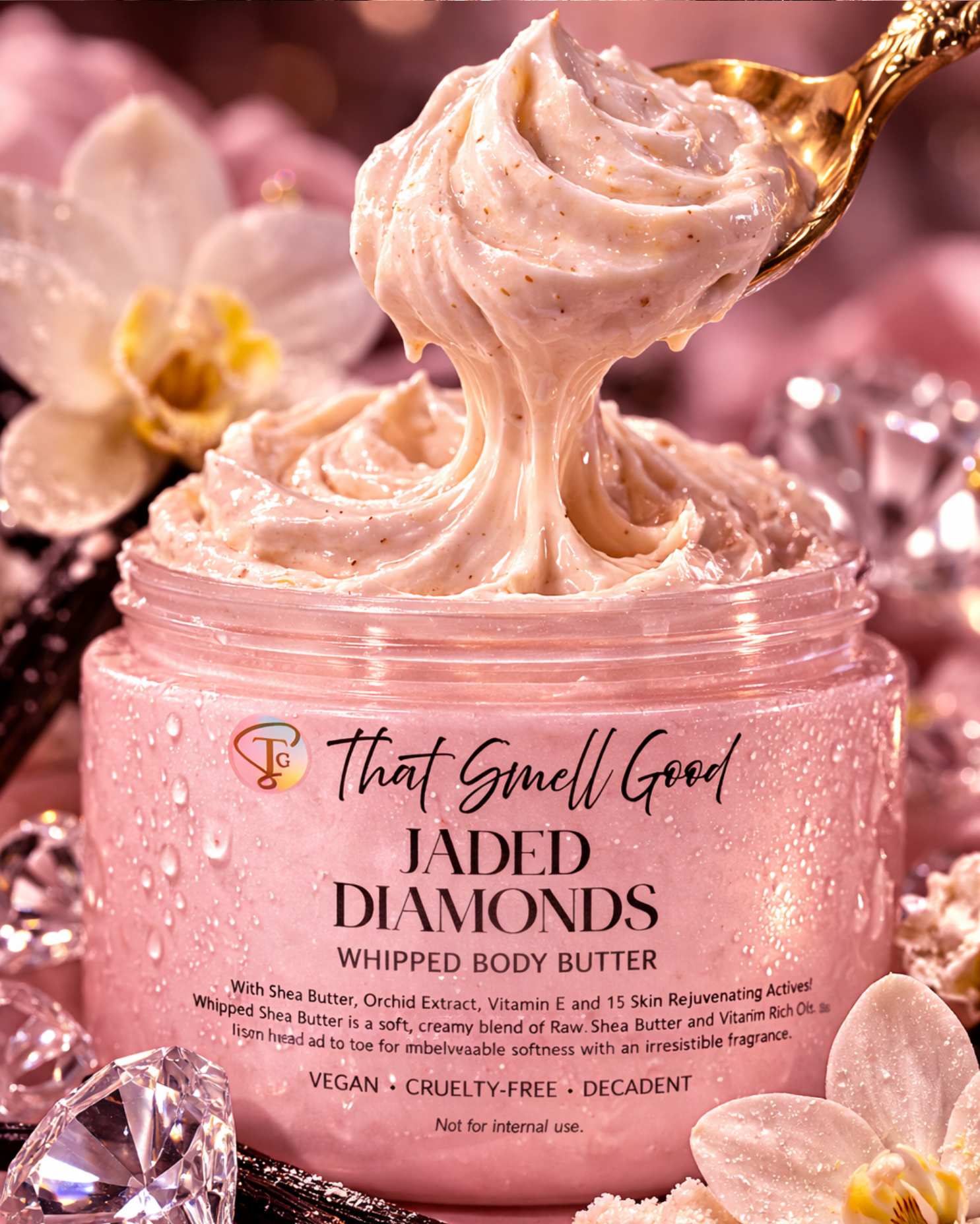 Jar of 'Jaded Diamonds' whipped body butter with a spoonful of product on a decorative background.