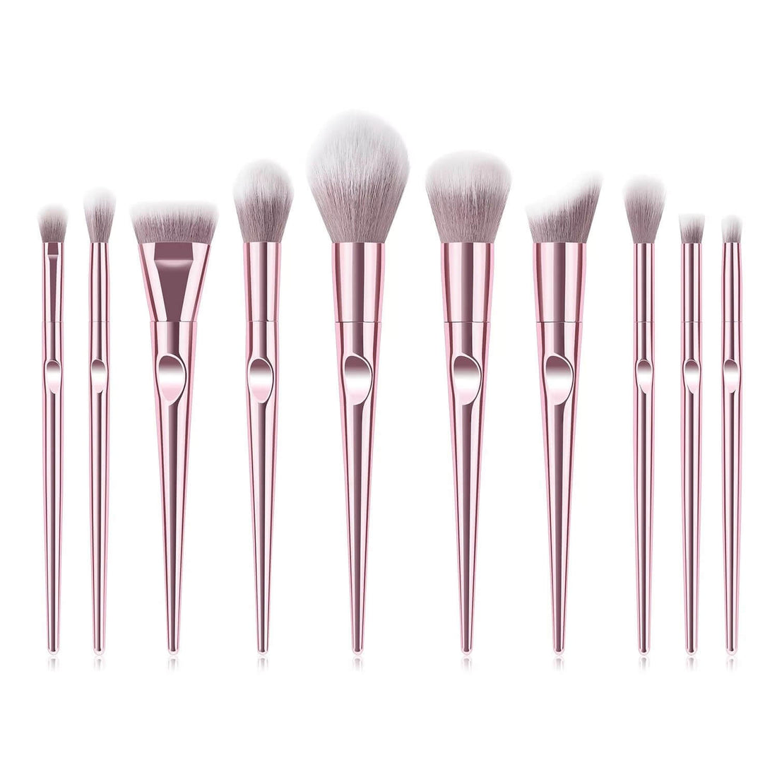 10 pc. Pink Makeup Brushes standing, thick fluffy bristles, chrome handles