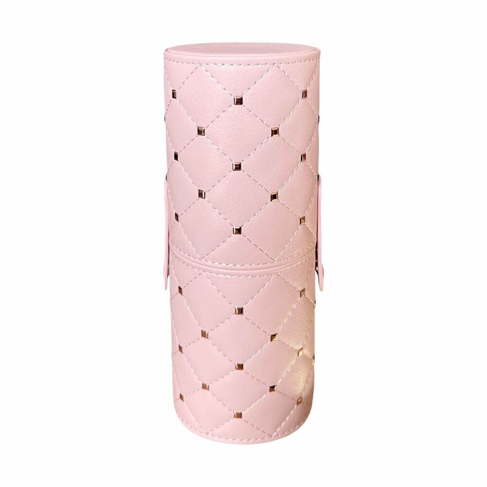 Pink leather makeup brush cylinder case covered in rhinestones