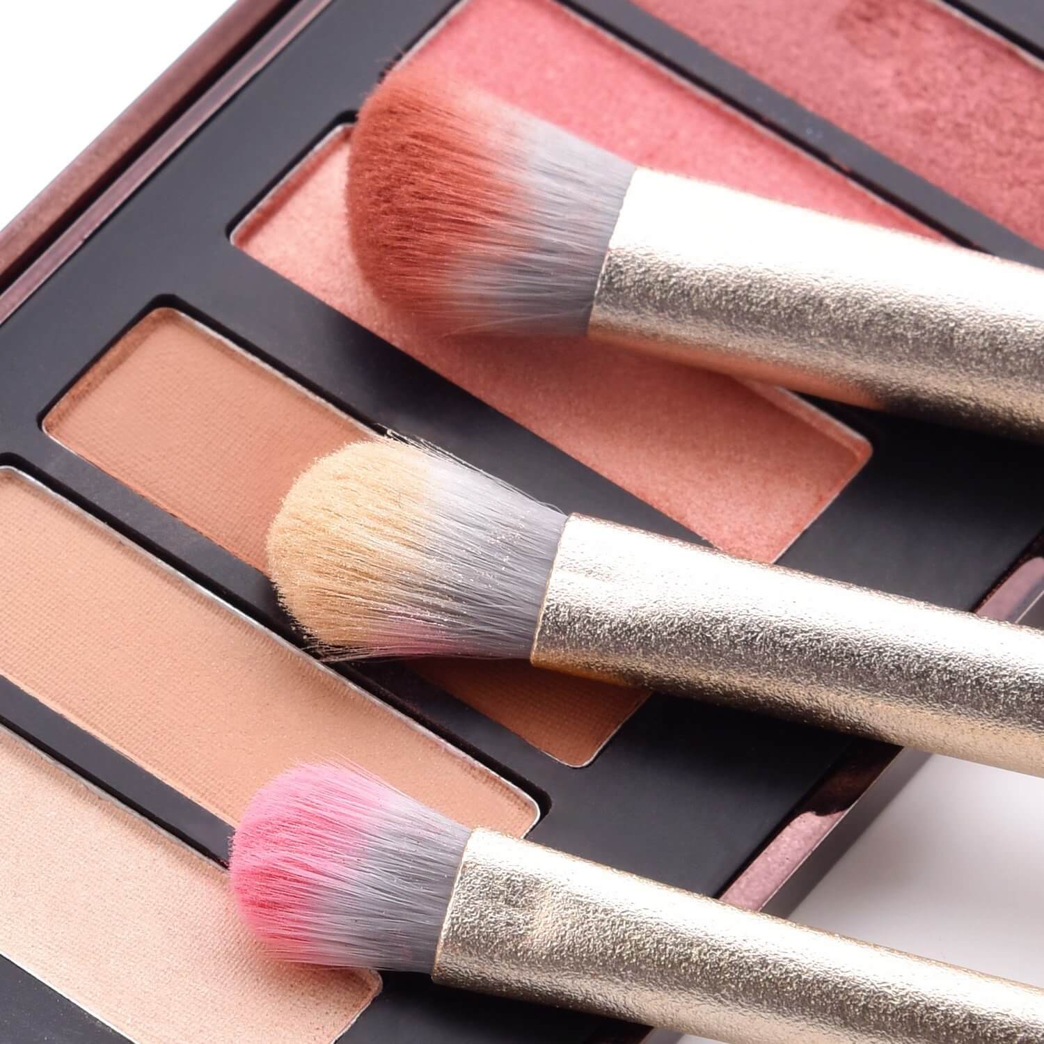 Three makeup brushes dipped in eyeshadow palette