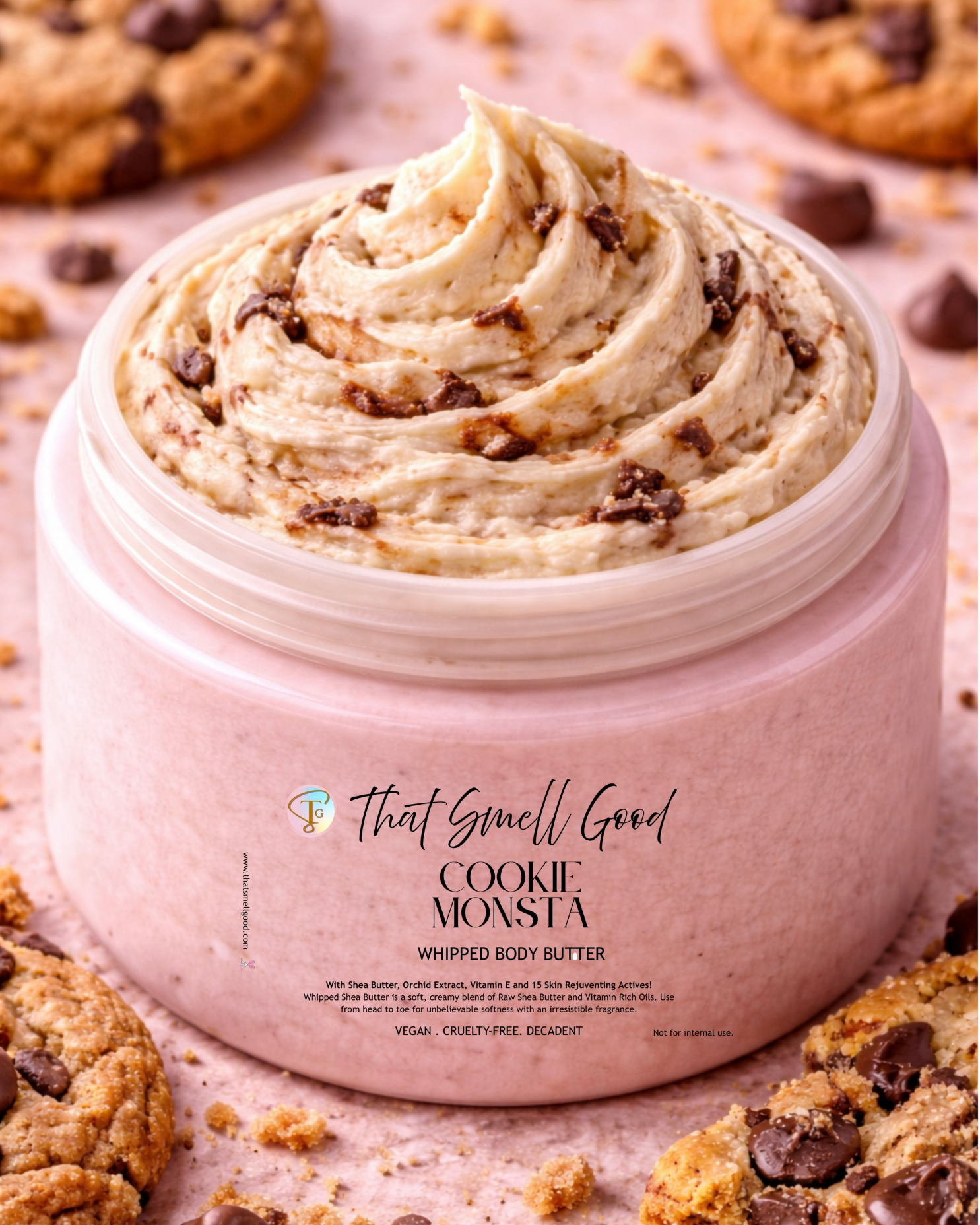 Jar of cookie-flavored body butter with cookies around it