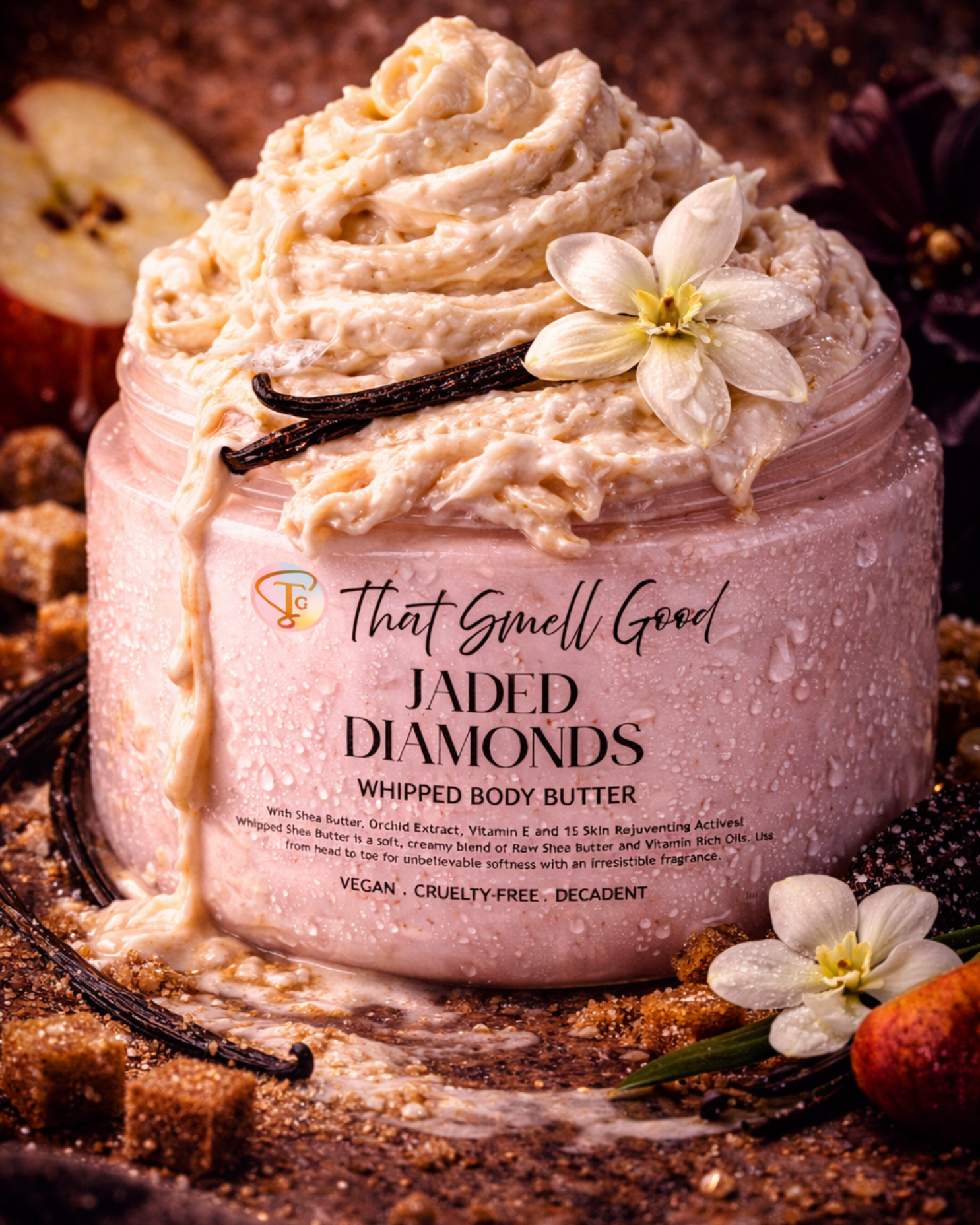 Whipped body butter jar with vanilla bean and flowers on a rustic background