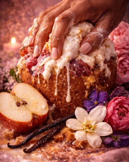 Hand holding a bread roll with cream, surrounded by apples, vanilla beans, and flowers on a wooden surface.