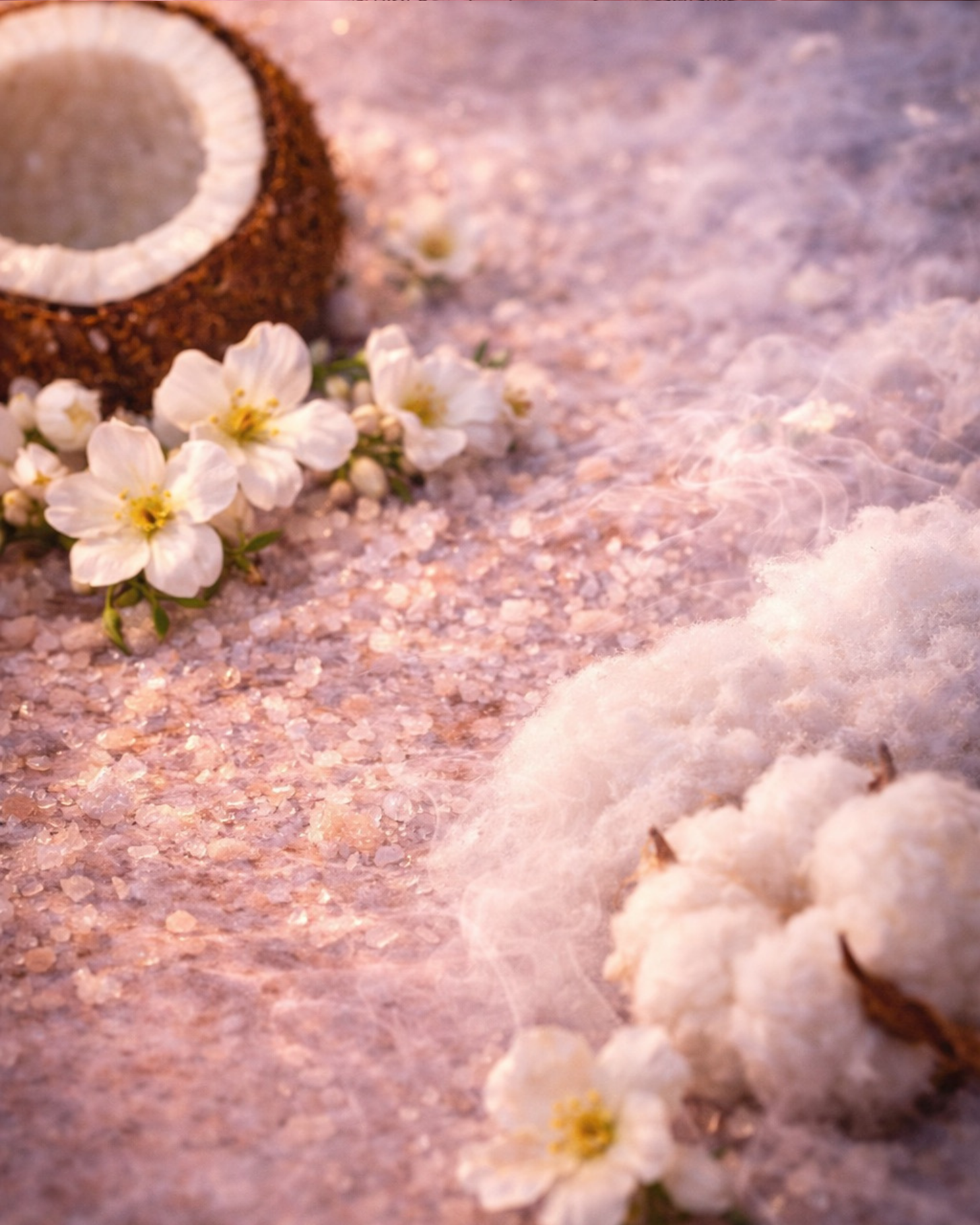 Coconut, cotton, and white flowers on a textured surface