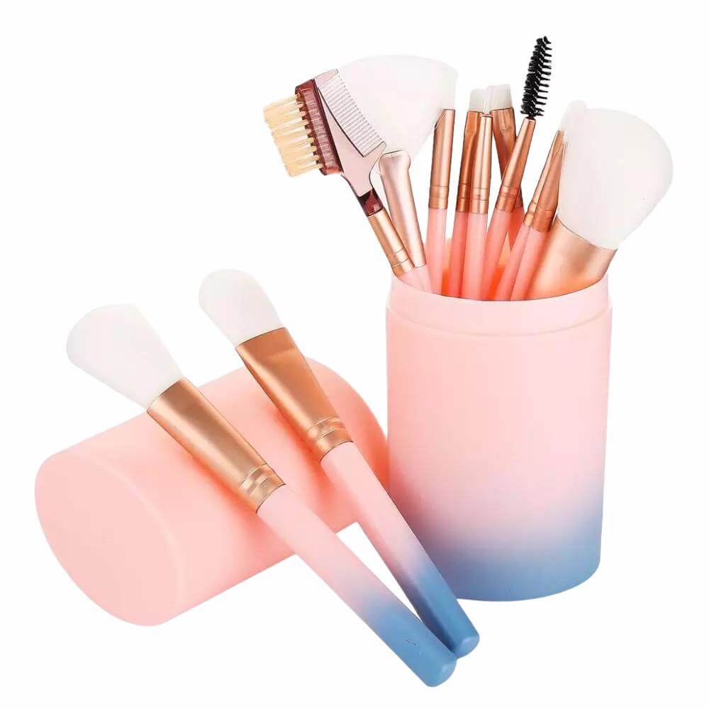12 pc. Teen friendly pink and blue makeup brushes with pink and blue cylinder case