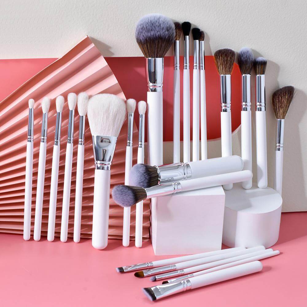 15 pc. Sleek Contours Makeup Brushes with white handles and aluminum ferrule