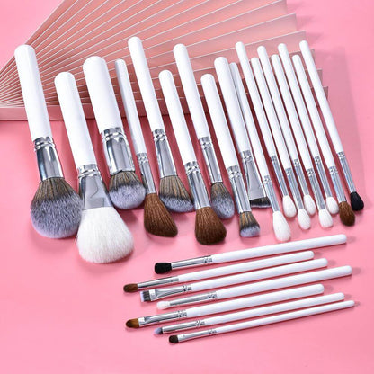 15 pc. Sleek Contours Makeup Brushes with white handles and aluminum ferrule Displayed