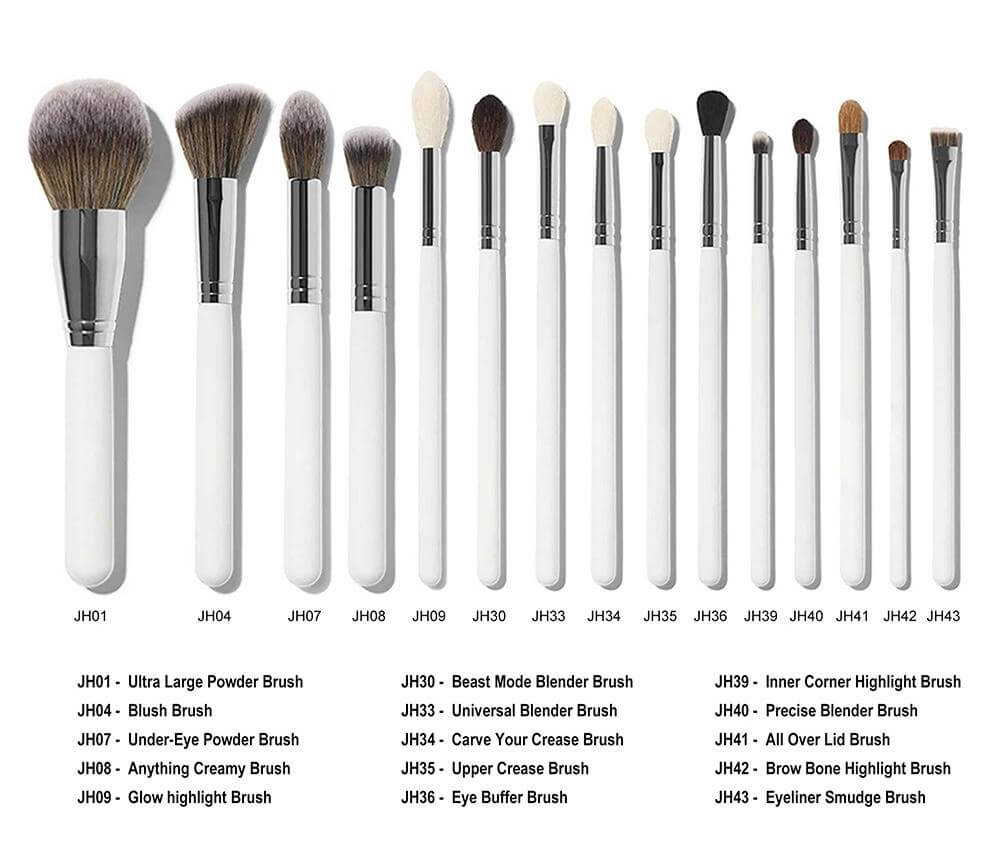 15 pc. Sleek Contours Makeup Brushes with white handles and aluminum ferrule Description