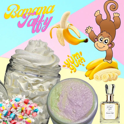 Banana Taffy Complete skincare set, body butter, body scrub and eau de parfum