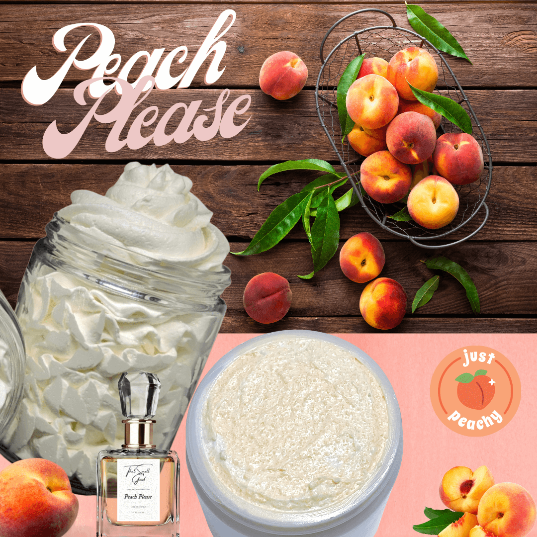 Peach Please complete skincare set, body butter, body scrub, eau de parfum