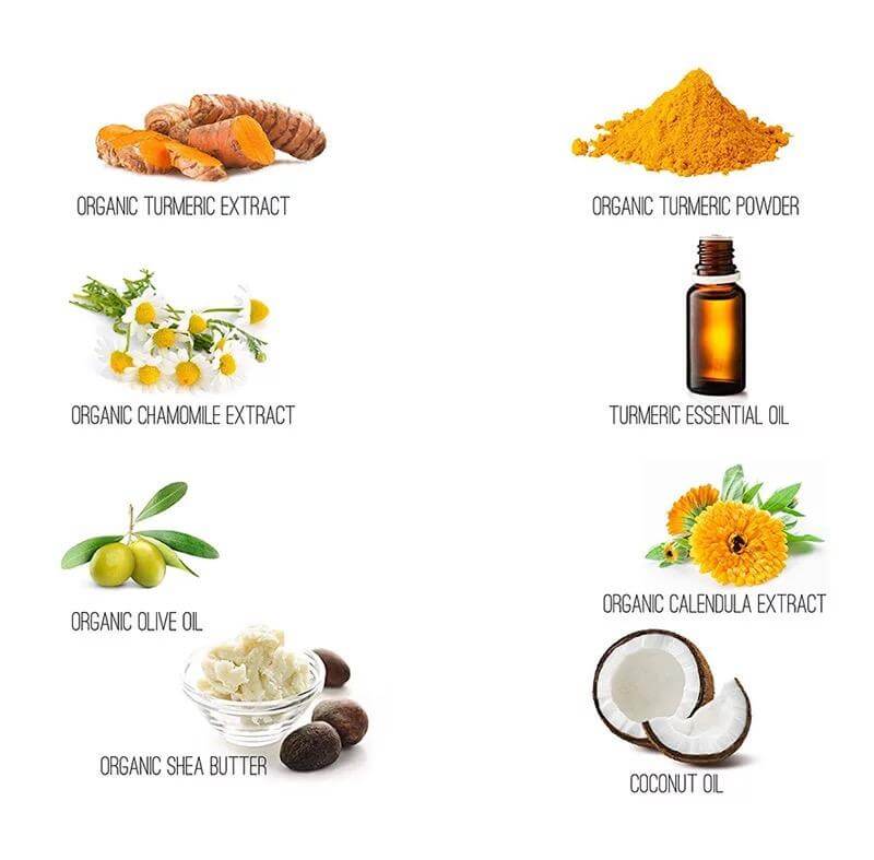 Organic Turmeric + Shea Herbal Soap Bar Ingredients, Turmeric, Chamomile, olive oil, calendula, shea butter, coconut oil