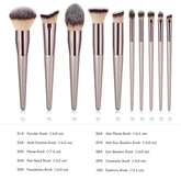 10 pc. Beige Makeup Brushes standing with descriptions