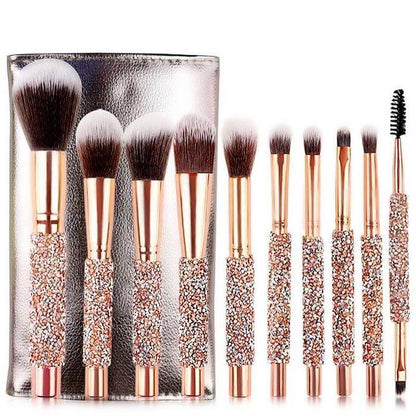 10 pc. Rhinestone Makeup brushes standing with Gold Clutch
