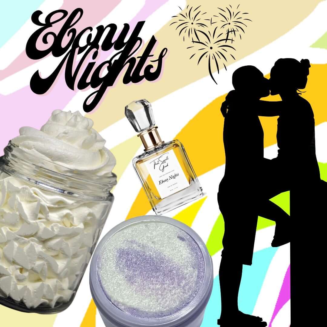 Ebony Nights complete skincare set, body butter, eau de parfum and body scrub