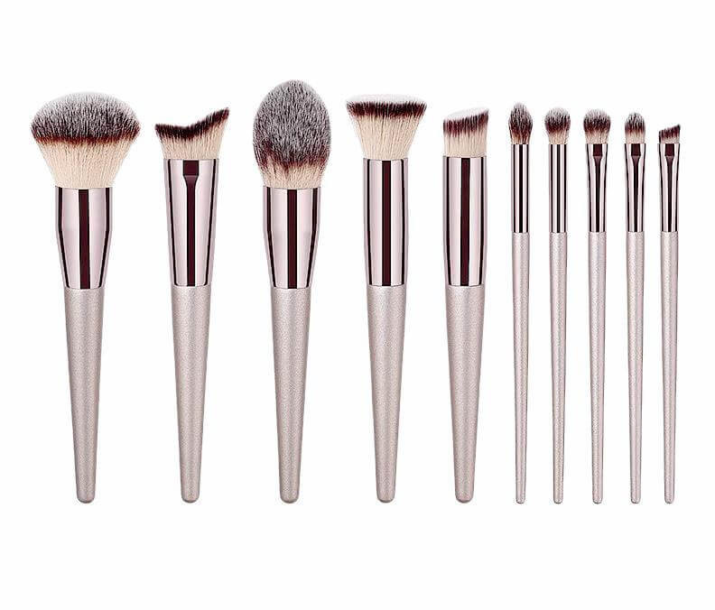 10 pc. Beige Makeup Brushes standing, two toned handles