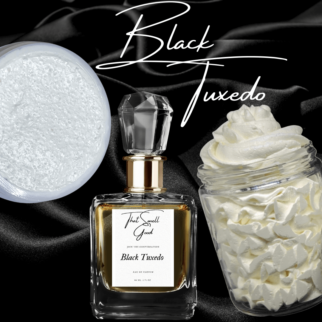 Black tuxedo complete skincare set, body butter, eau de parfum, body scrub
