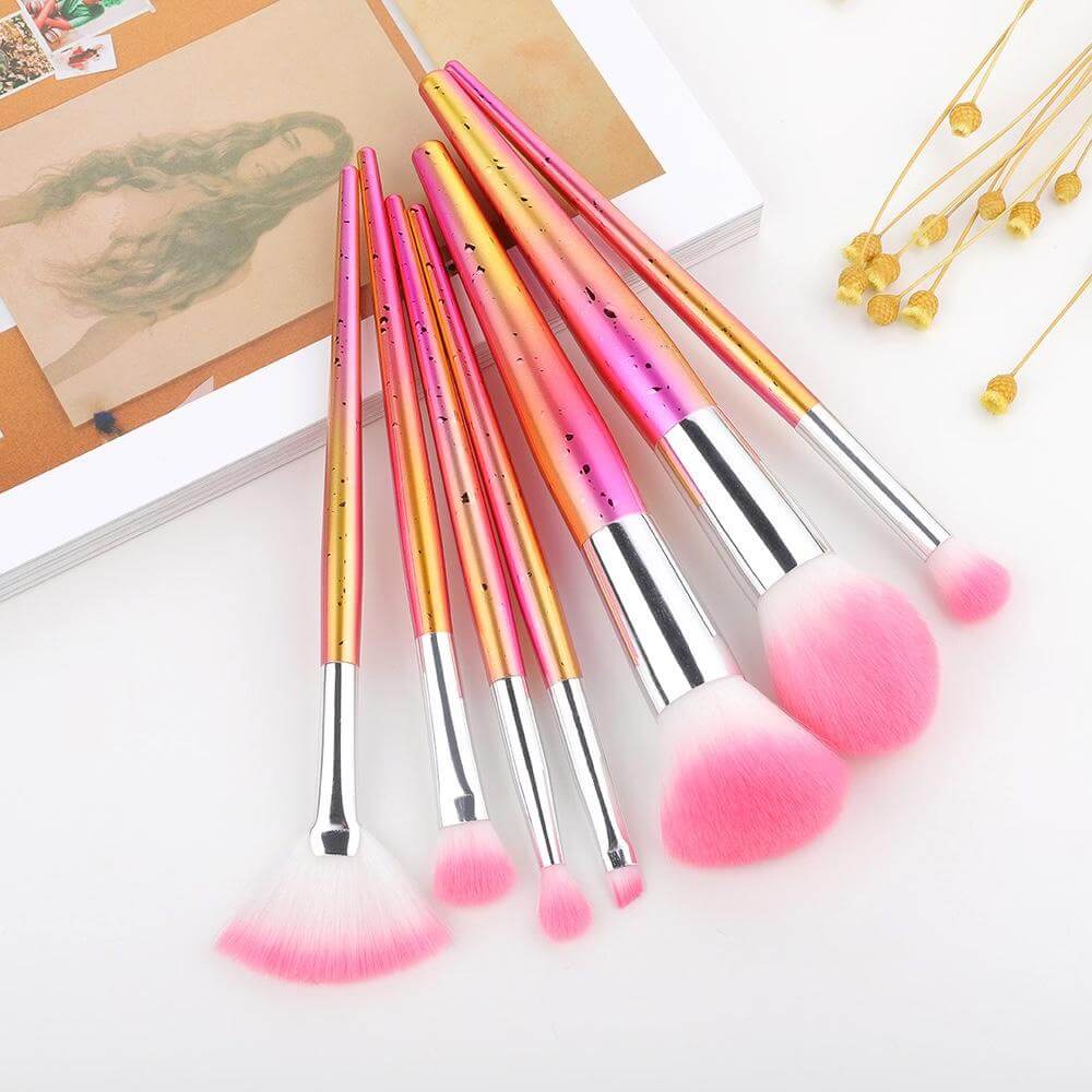 7 pc, Pink dew drops makeup brushes, pink and gold