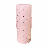 Pink leather makeup brush cylinder case covered in rhinestones