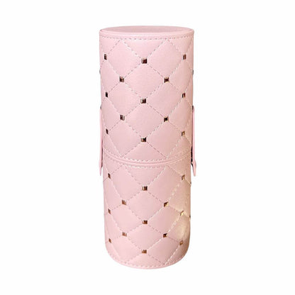 Pink leather makeup brush cylinder case covered in rhinestones