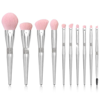 11pc. Silver metallic makeup brushes with pink bristles