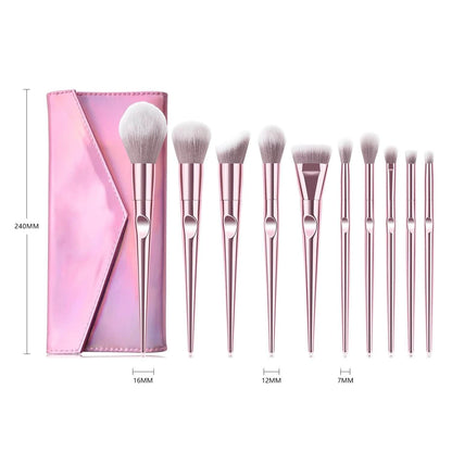 10 pc. Pink Makeup Brushes standing with Pink Clutch, showing measurements